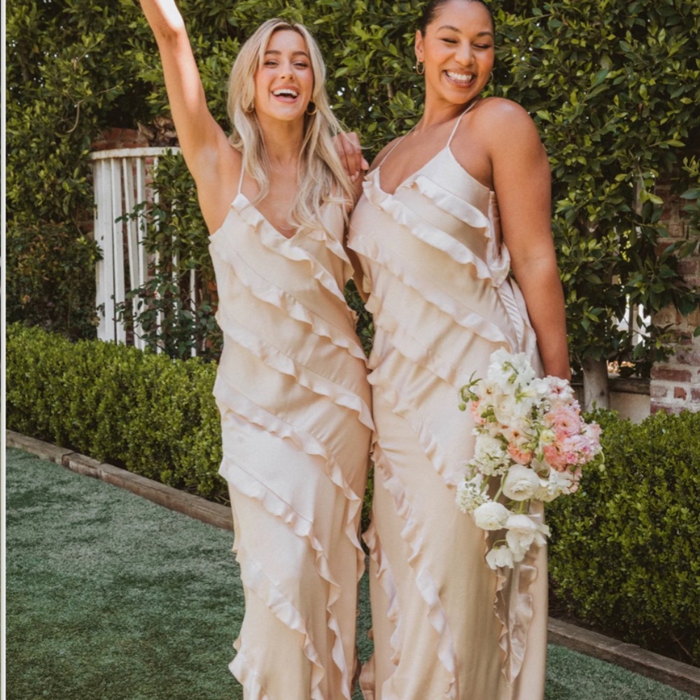Show Me Your MUMU Romance Ruffle Dress Champagne Luxe Satin